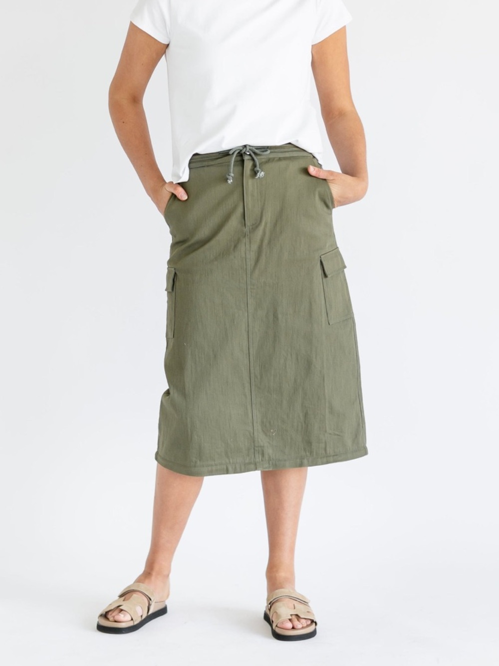 Inherit Zarina Cargo Midi Convertible Maxi Skirt Straight Fit Olive Green Modest - Picture 14 of 14